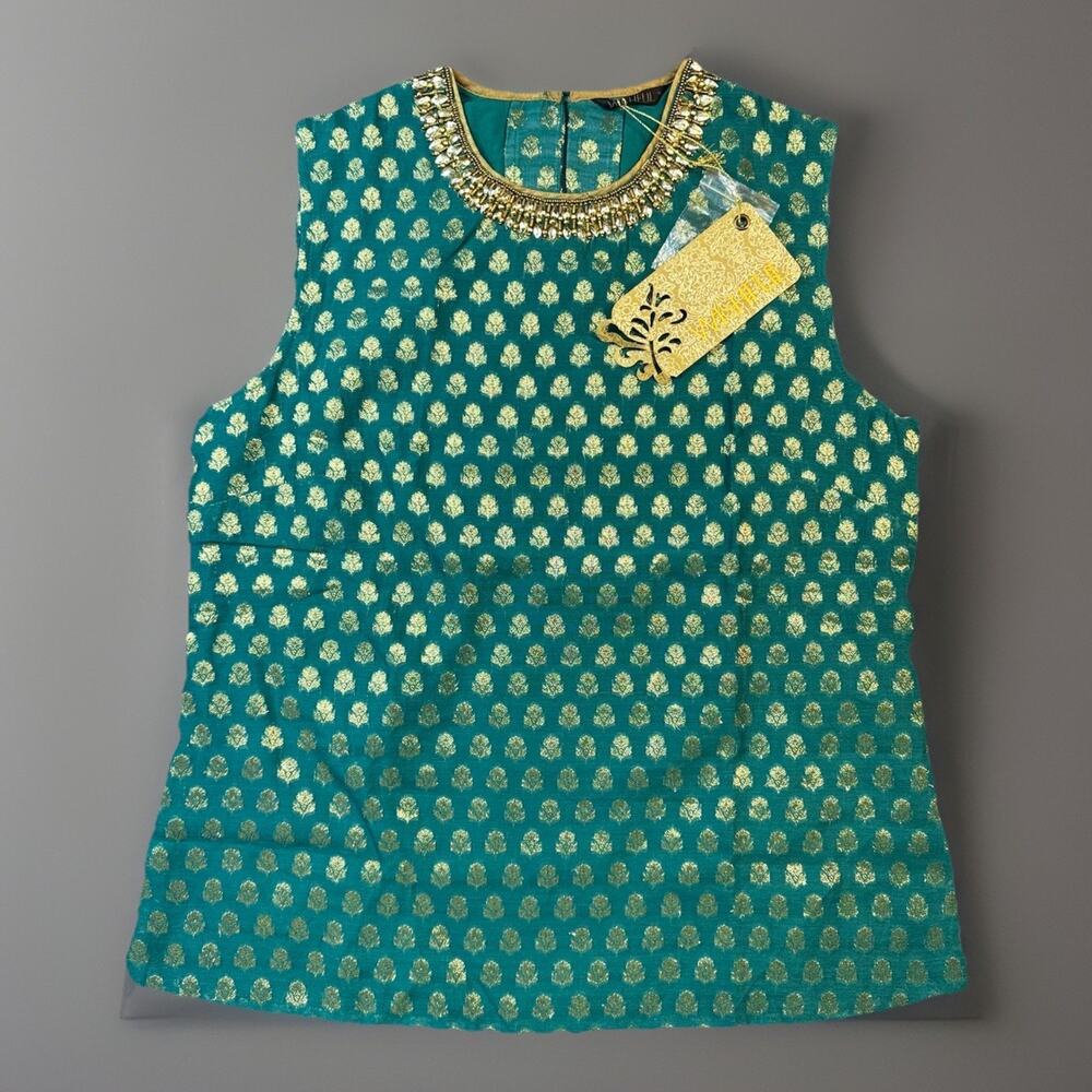 Wishful Women's Embellished Sleeveless Tunic Top Green Gold India Size 10 -853
